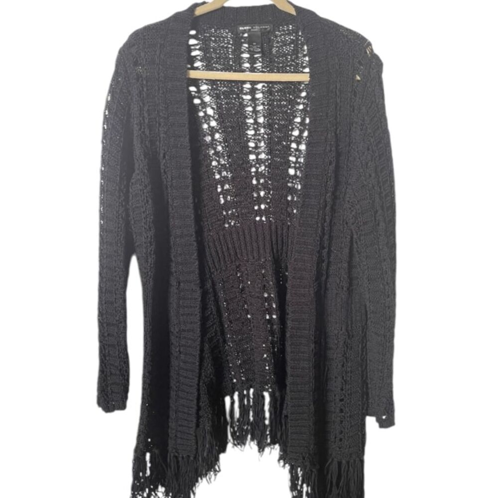Elena Solano Women Black Open Knit Cotton‎ Blend Fringe Cardigan Sweater 1X